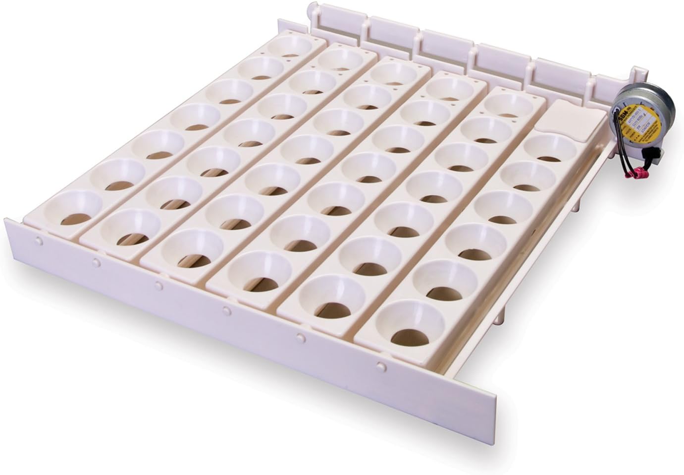 Little Giant 6300 automatic egg turner with six white chicken-size rails and the drive motor mounted on the right end